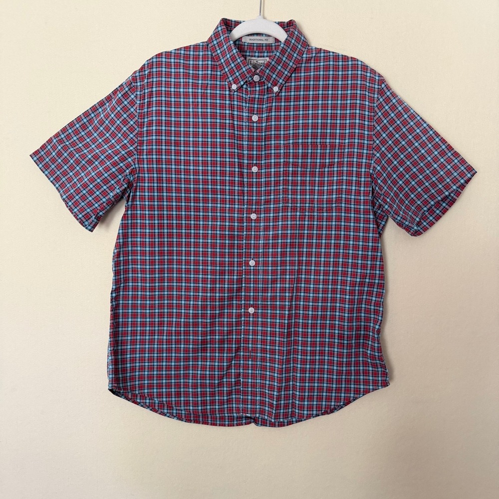 vintage LL Bean Mens Plaid Short Sleeve Button Down Shirt Red Blue Cotton M